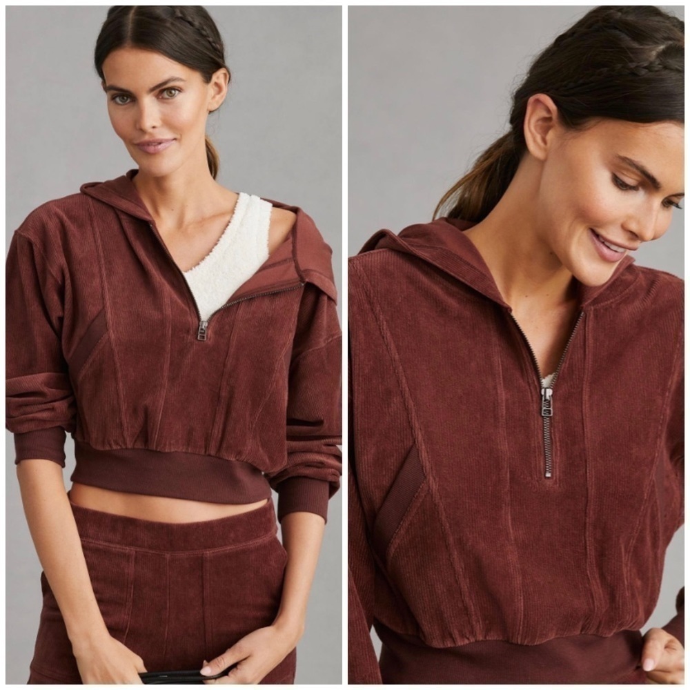 ANTHROPOLOGIE Daily Practice Velour Corduroy Hoodie in Plum
